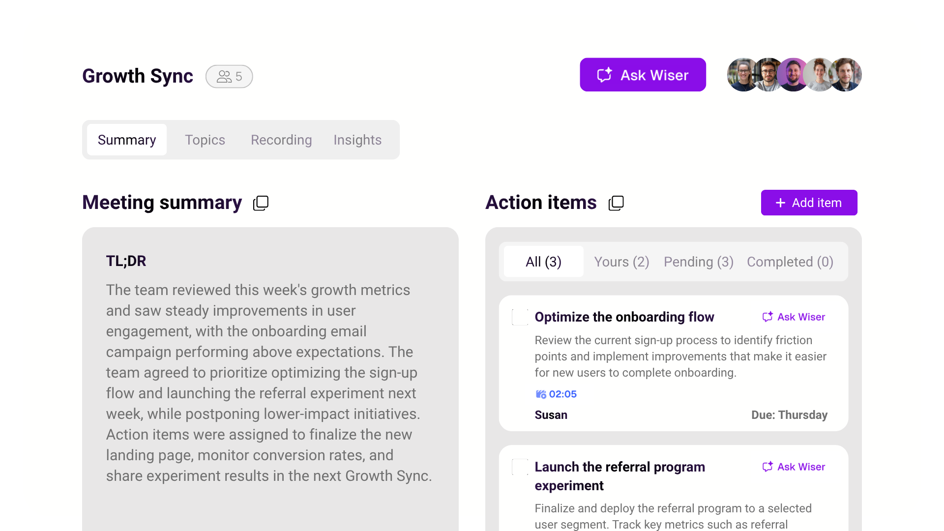 Growth Sync meeting summary with action items in wiserwork